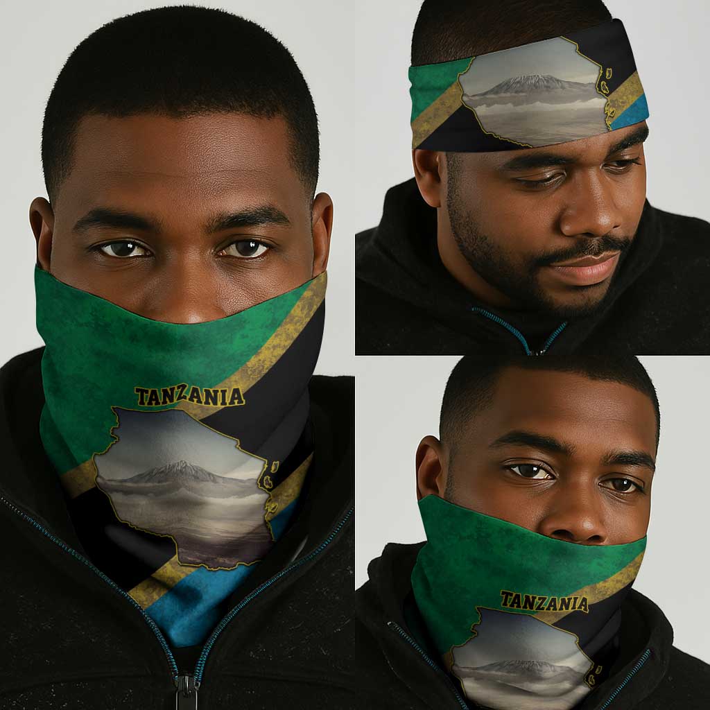 African Volcano Kilimanjaro Tanzania Neck Gaiter Grunge Flag Map of Tanzania LT9