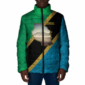 African Volcano Kilimanjaro Tanzania Padded Jacket Grunge Flag Map of Tanzania