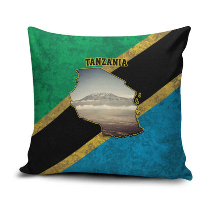 African Volcano Kilimanjaro Tanzania Pillow Cover Grunge Flag Map of Tanzania