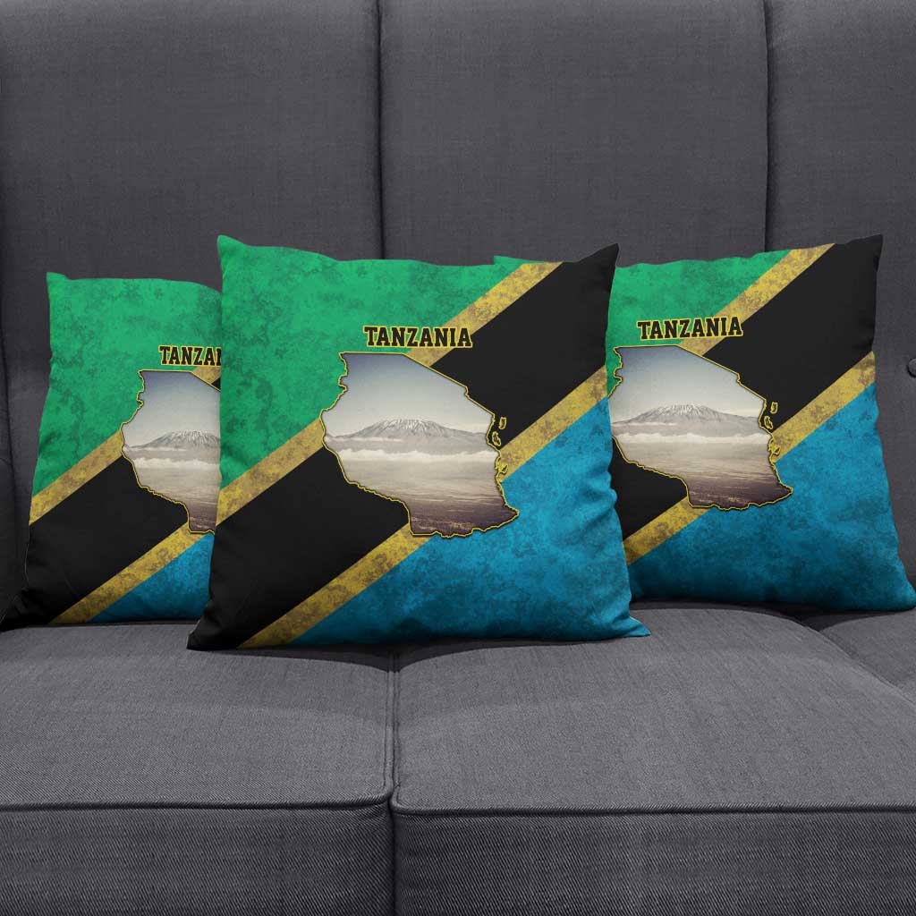 African Volcano Kilimanjaro Tanzania Pillow Cover Grunge Flag Map of Tanzania