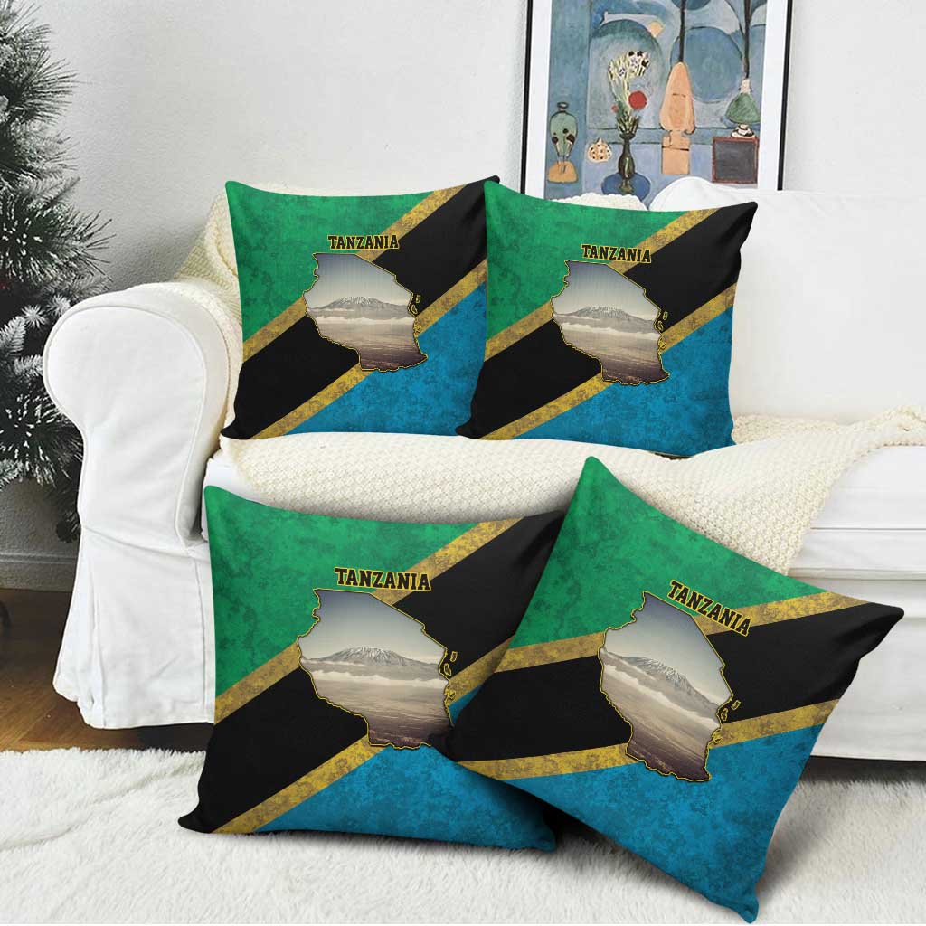 African Volcano Kilimanjaro Tanzania Pillow Cover Grunge Flag Map of Tanzania