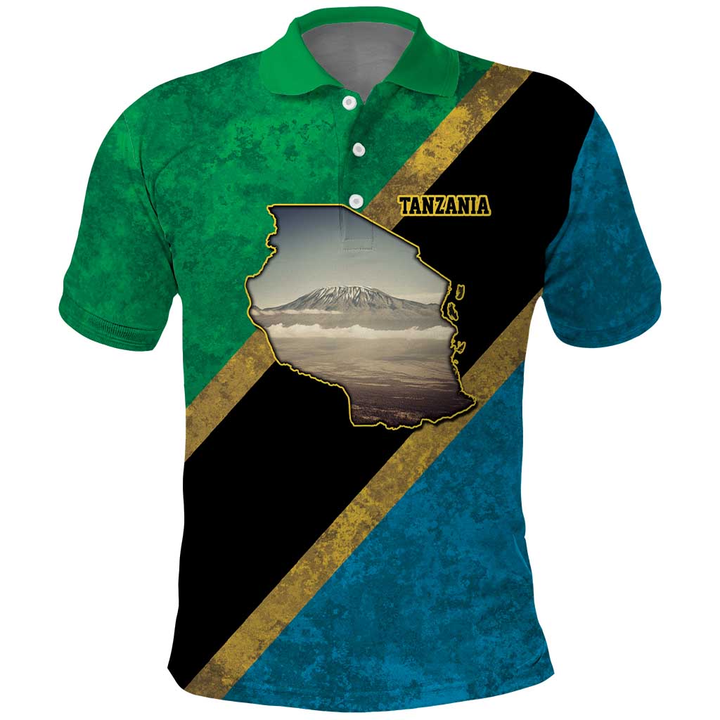 African Volcano Kilimanjaro Tanzania Polo Shirt Grunge Flag Map of Tanzania - African Pride