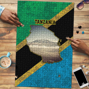 African Volcano Kilimanjaro Tanzania Puzzle Grunge Flag Map of Tanzania