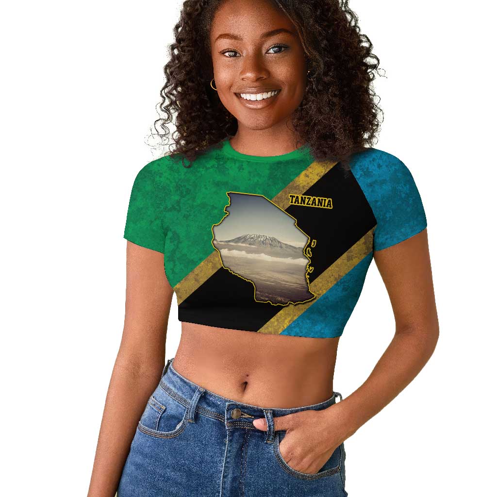 African Volcano Kilimanjaro Tanzania Raglan Cropped T shirt Grunge Flag Map of Tanzania - African Pride