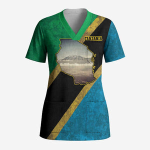 African Volcano Kilimanjaro Tanzania Scrub Top Grunge Flag Map of Tanzania