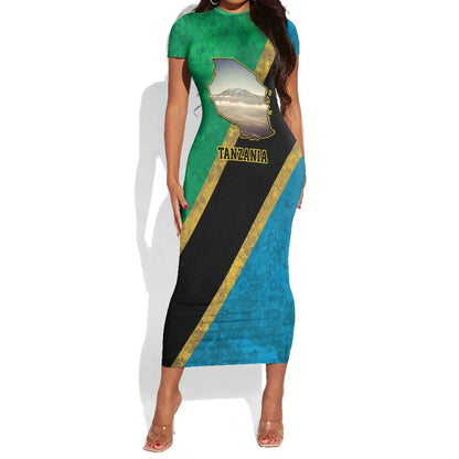 African Volcano Kilimanjaro Tanzania Short Sleeve Bodycon Dress Grunge Flag Map of Tanzania - African Pride