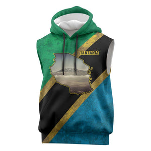 African Volcano Kilimanjaro Tanzania Sleeveless Hoodie Grunge Flag Map of Tanzania - African Pride