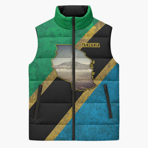 African Volcano Kilimanjaro Tanzania Sleeveless Puffer Jacket Grunge Flag Map of Tanzania