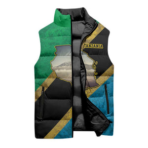 African Volcano Kilimanjaro Tanzania Sleeveless Puffer Jacket Grunge Flag Map of Tanzania