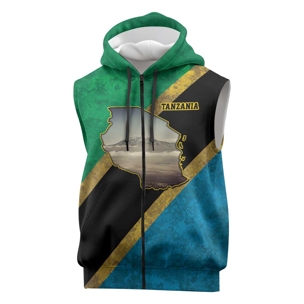 African Volcano Kilimanjaro Tanzania Sleeveless Zip Hoodie Grunge Flag Map of Tanzania - African Pride