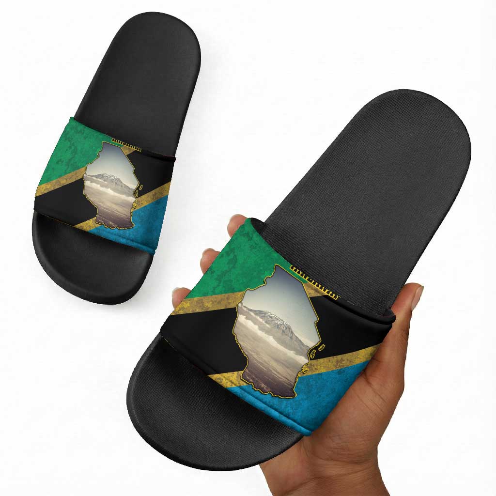 African Volcano Kilimanjaro Tanzania Slide Sandals Grunge Flag Map of Tanzania