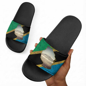 African Volcano Kilimanjaro Tanzania Slide Sandals Grunge Flag Map of Tanzania