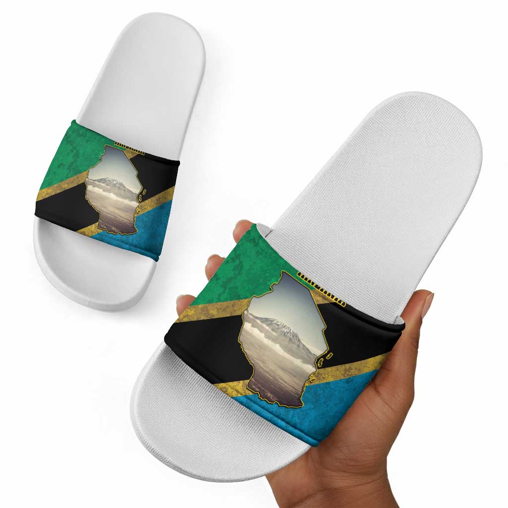 African Volcano Kilimanjaro Tanzania Slide Sandals Grunge Flag Map of Tanzania