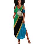 African Volcano Kilimanjaro Tanzania Summer Maxi Dress Grunge Flag Map of Tanzania - African Pride