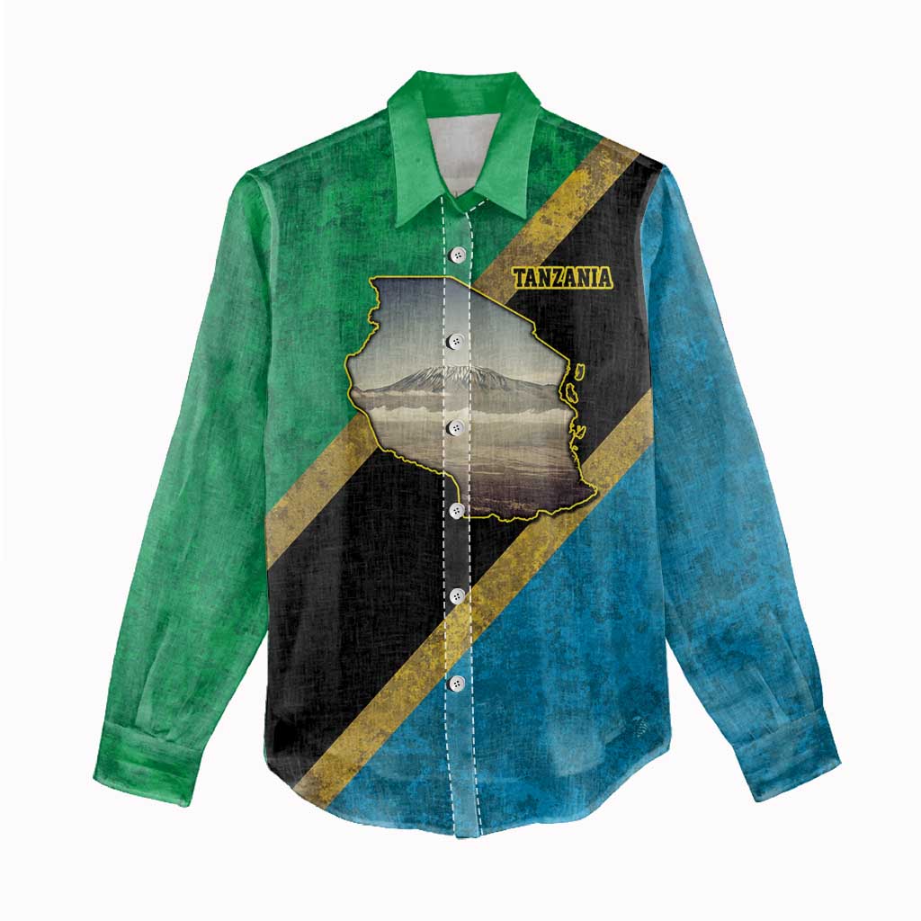 African Volcano Kilimanjaro Tanzania Women Casual Shirt Grunge Flag Map of Tanzania - African Pride