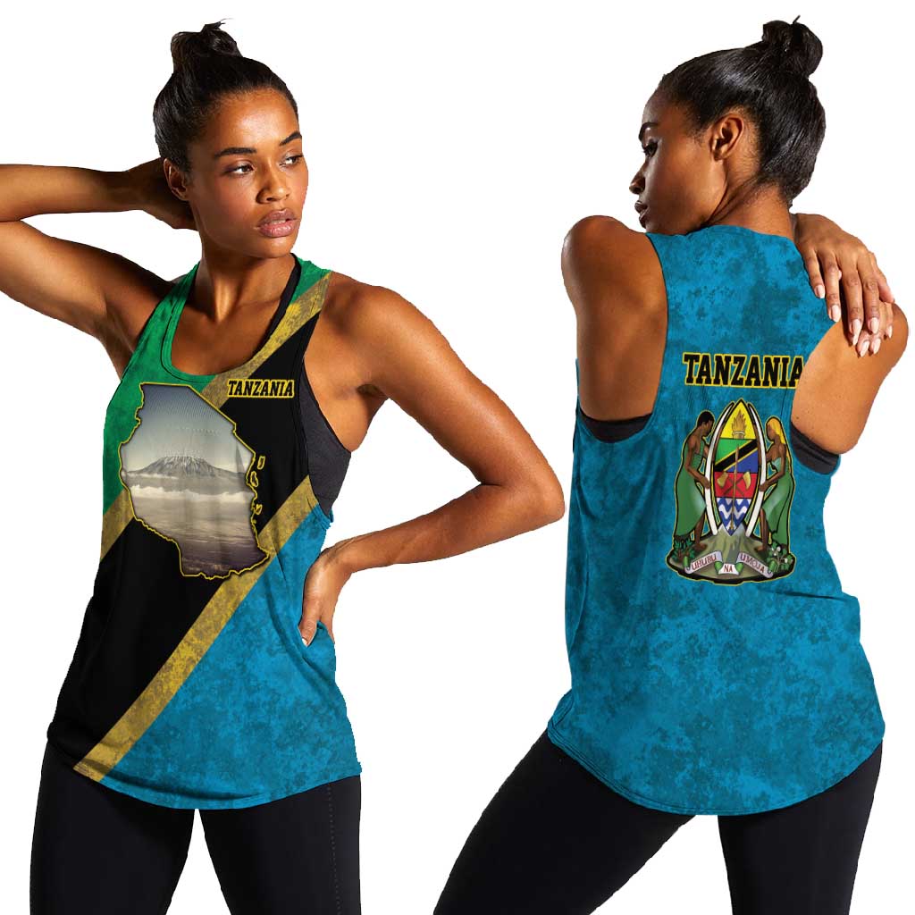 African Volcano Kilimanjaro Tanzania Women Racerback Tank Grunge Flag Map of Tanzania - African Pride