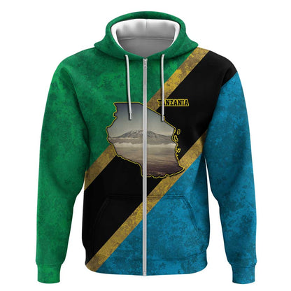 African Volcano Kilimanjaro Tanzania Zip Hoodie Grunge Flag Map of Tanzania - African Pride