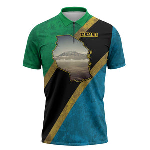 African Volcano Kilimanjaro Tanzania Zipper Polo Shirt Grunge Flag Map of Tanzania