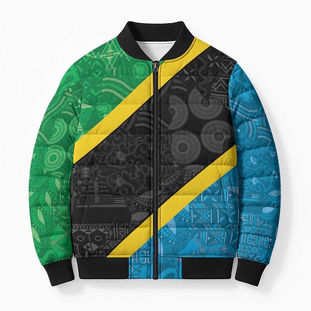 Tanzania 255 Bomber Puffer Jacket African Mix Pattern Flag Motif