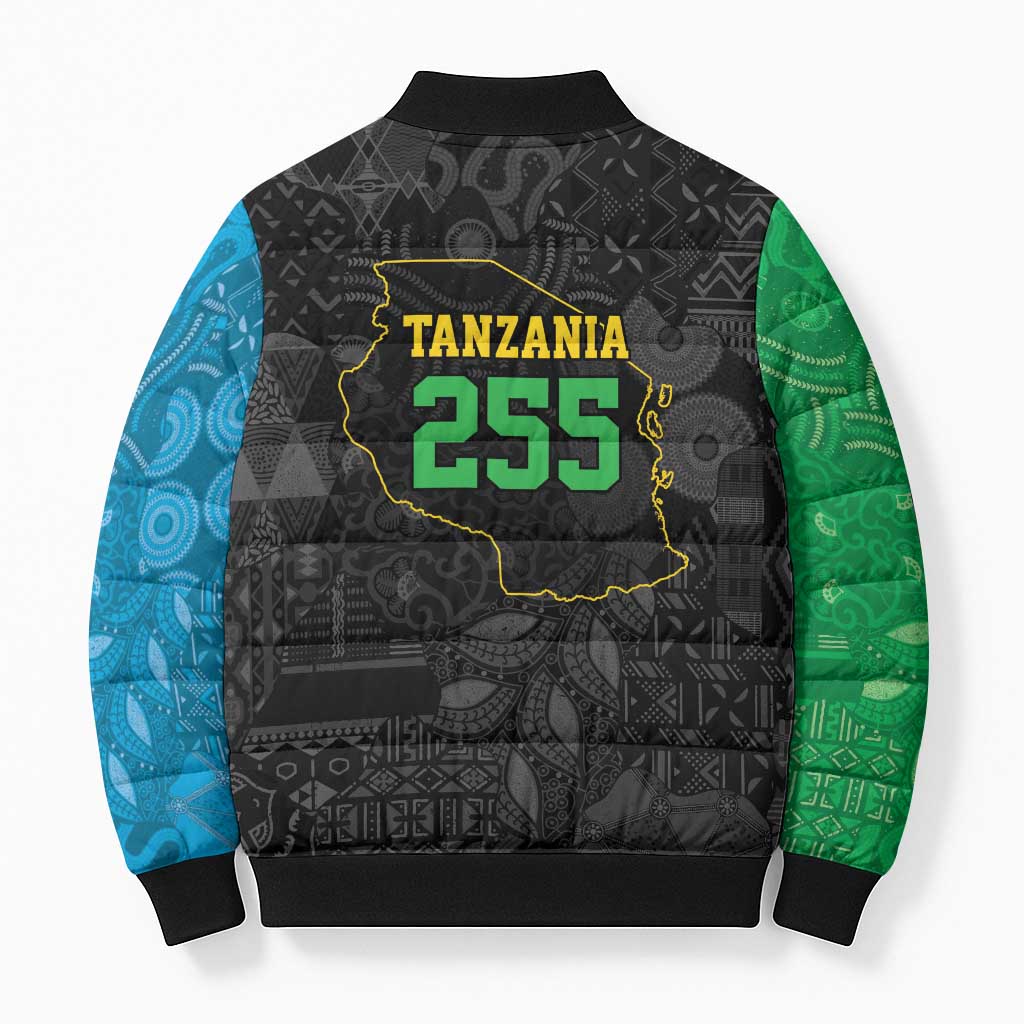 Tanzania 255 Bomber Puffer Jacket African Mix Pattern Flag Motif