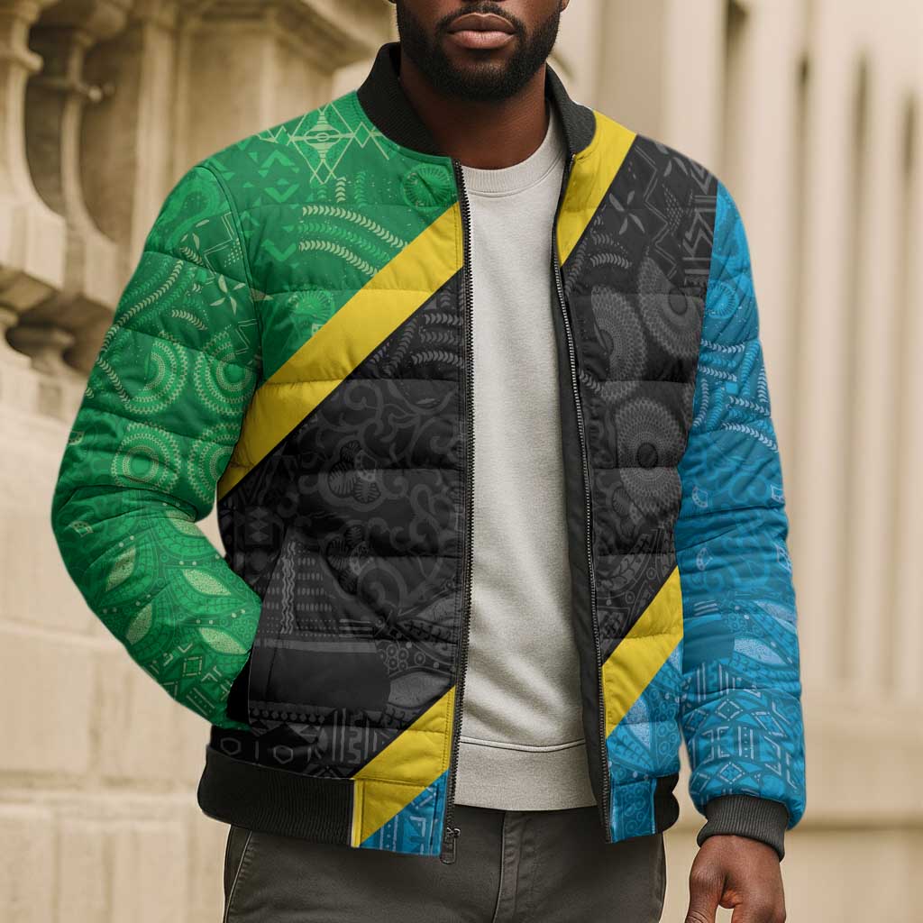 Tanzania 255 Bomber Puffer Jacket African Mix Pattern Flag Motif