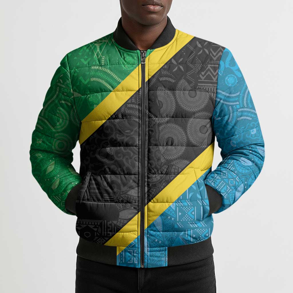 Tanzania 255 Bomber Puffer Jacket African Mix Pattern Flag Motif