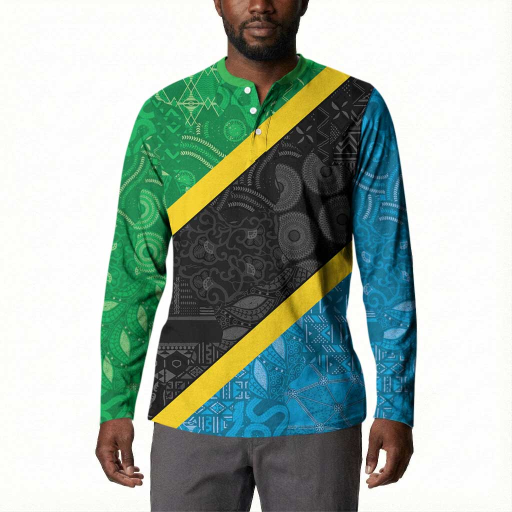 Tanzania 255 Button Sweatshirt African Mix Pattern Flag Motif