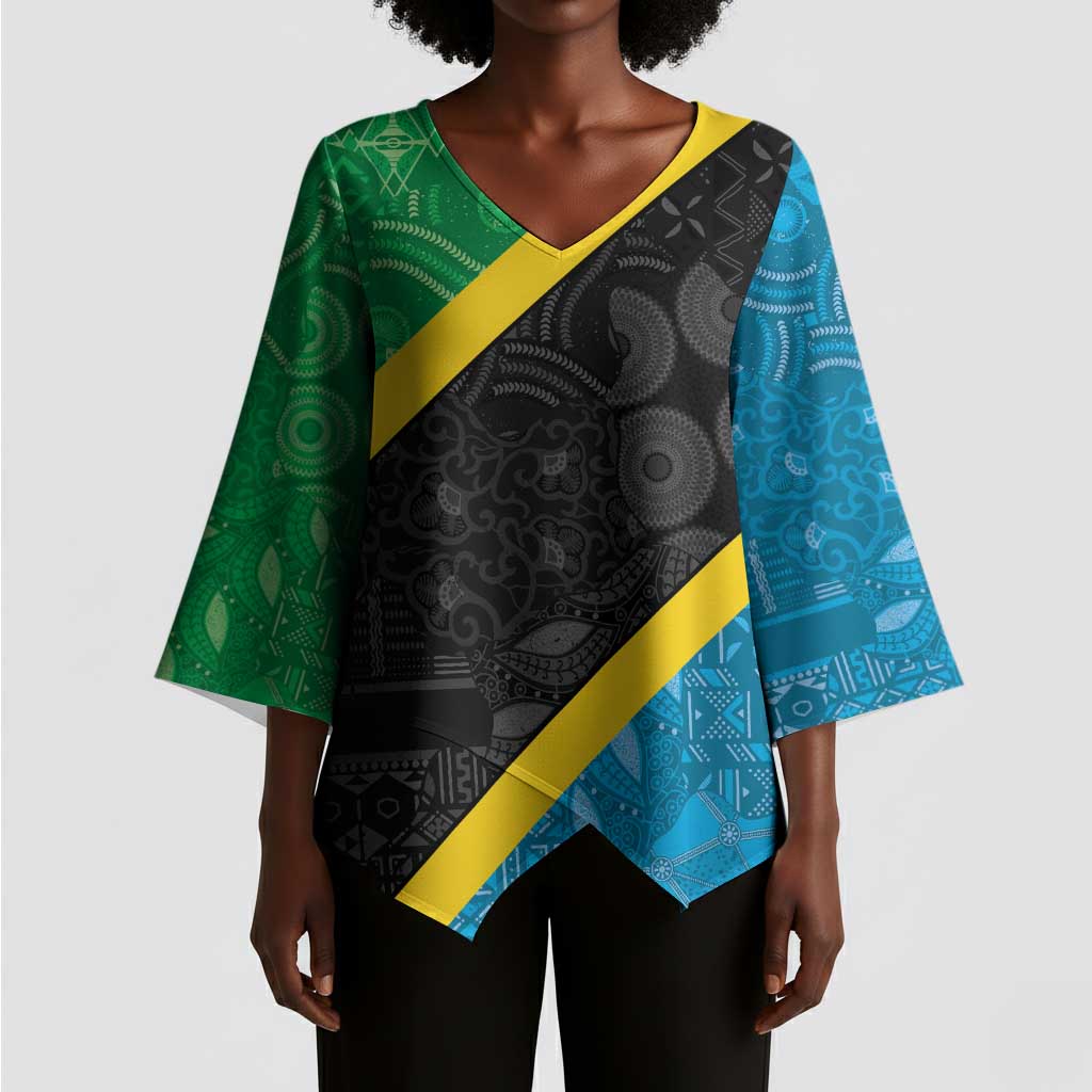 Tanzania 255 Kimono Sleeve Blouse African Mix Pattern Flag Motif