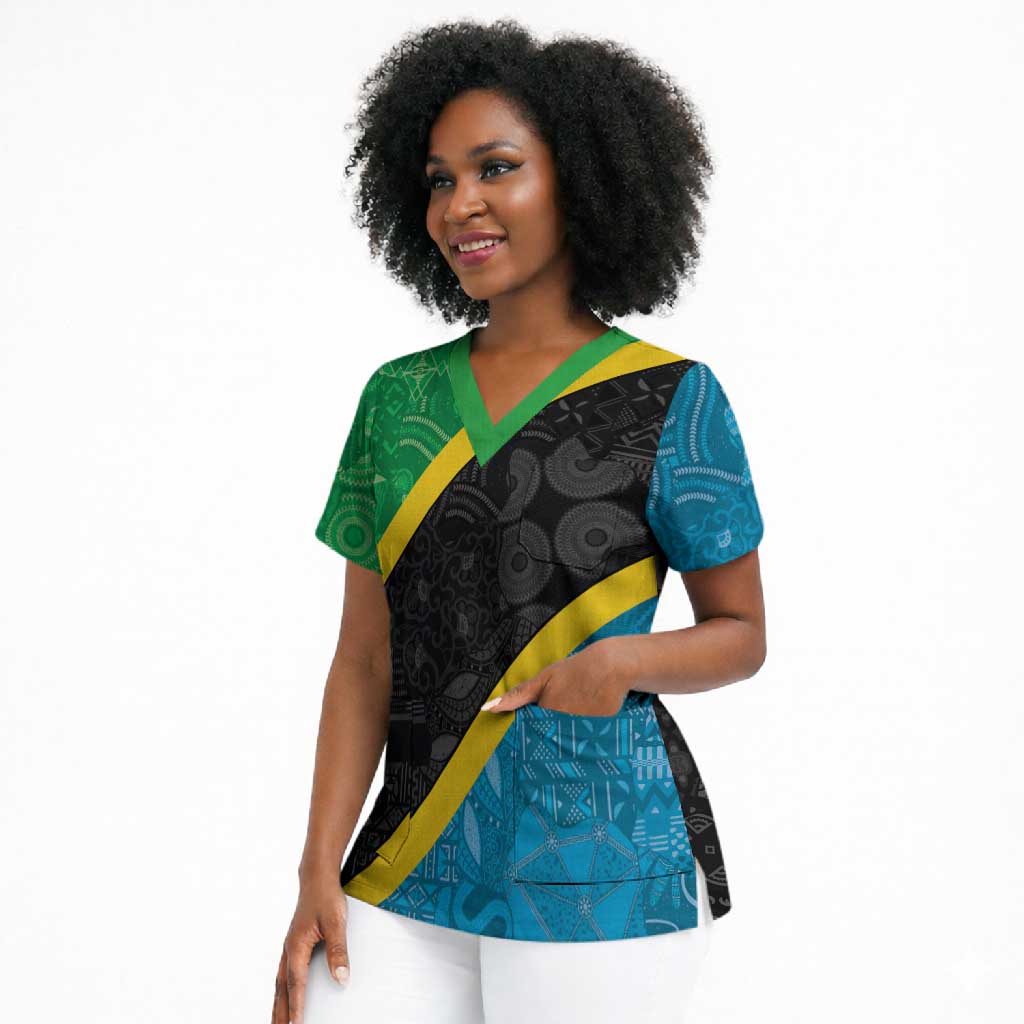 Tanzania 255 Scrub Top African Mix Pattern Flag Motif