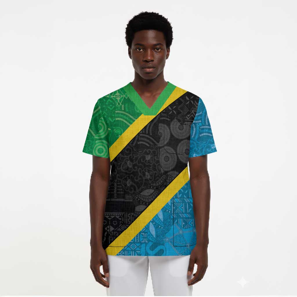 Tanzania 255 Scrub Top African Mix Pattern Flag Motif