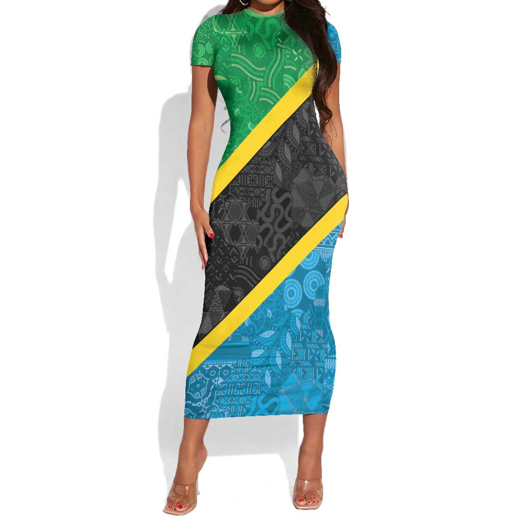 Tanzania 255 Short Sleeve Bodycon Dress African Mix Pattern Flag Motif - African Pride