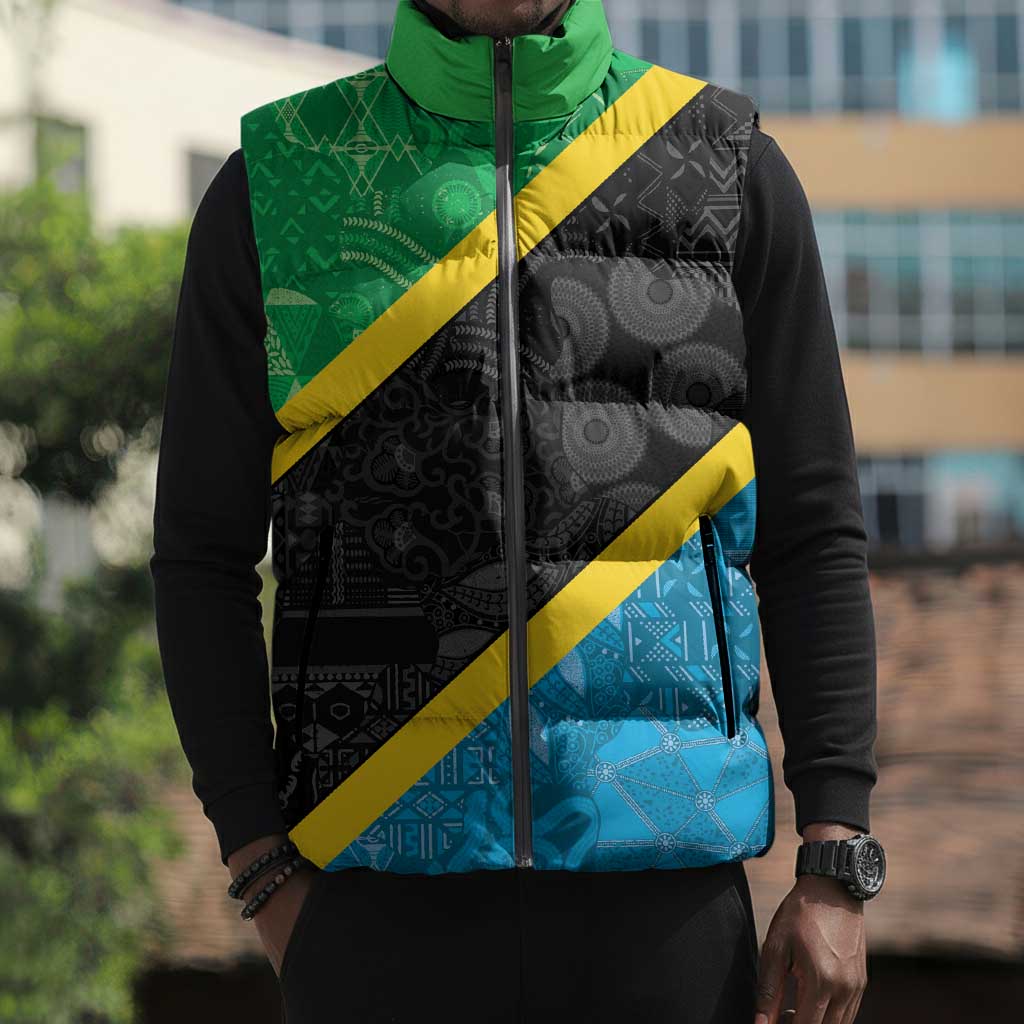 Tanzania 255 Sleeveless Puffer Jacket African Mix Pattern Flag Motif