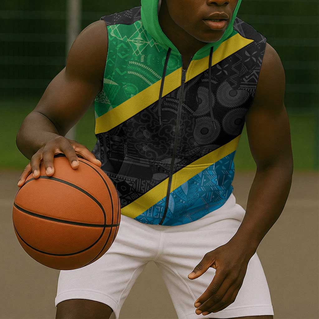Tanzania 255 Sleeveless Zip Hoodie African Mix Pattern Flag Motif - African Pride