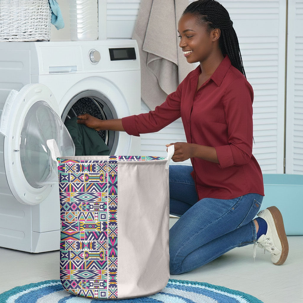 African Ndebele Art Patterns Laundry Basket Beige Half Style