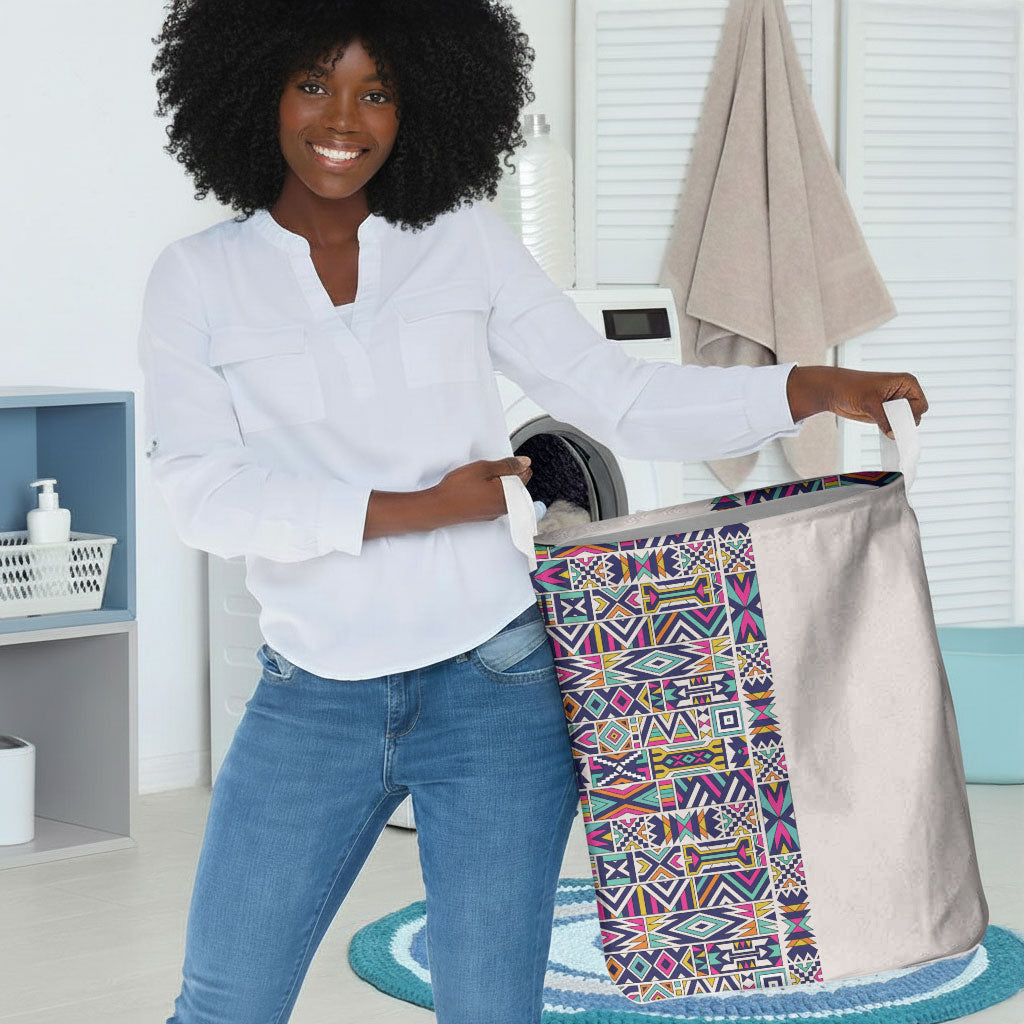 African Ndebele Art Patterns Laundry Basket Beige Half Style