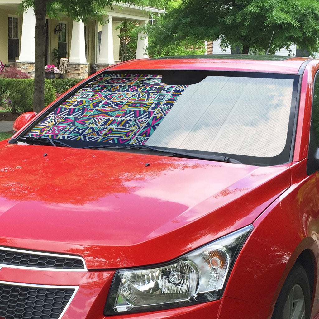 African Ndebele Art Patterns Auto Sun Shade Beige Half Style