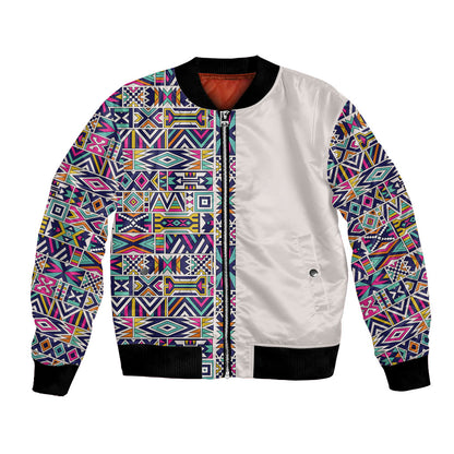 African Ndebele Art Patterns Bomber Jacket Beige Half Style