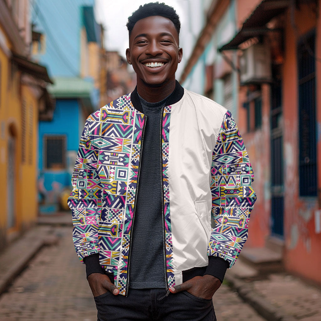 African Ndebele Art Patterns Bomber Jacket Beige Half Style