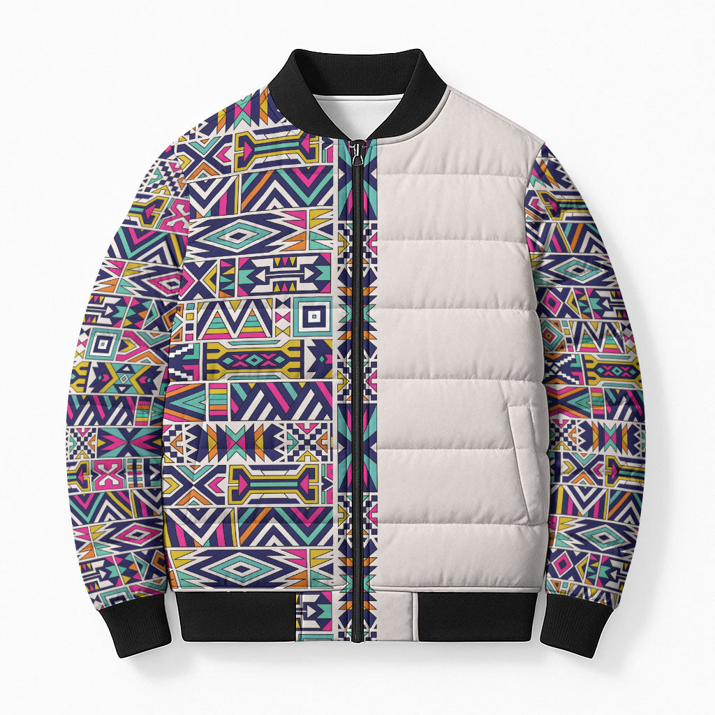 African Ndebele Art Patterns Bomber Puffer Jacket Beige Half Style