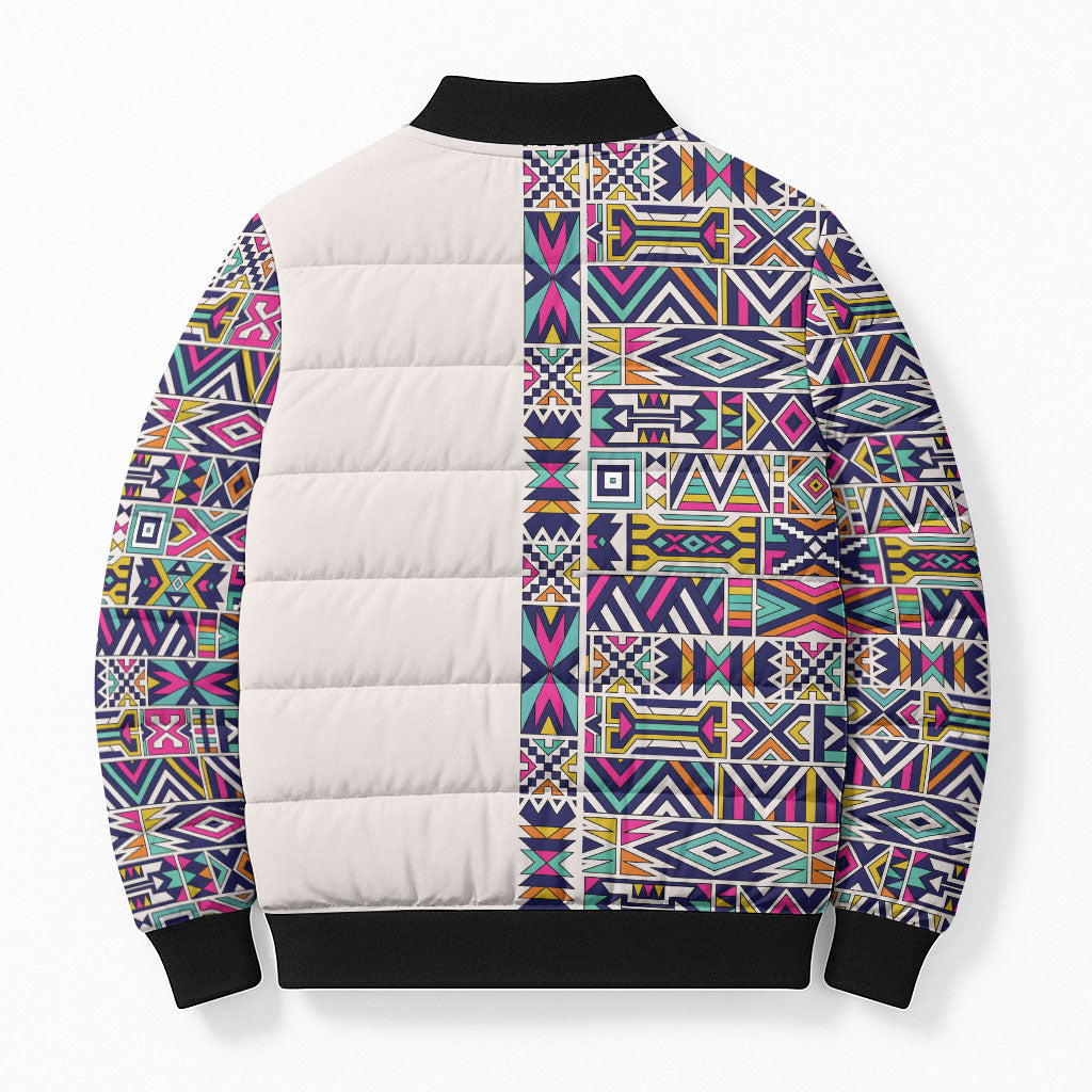 African Ndebele Art Patterns Bomber Puffer Jacket Beige Half Style