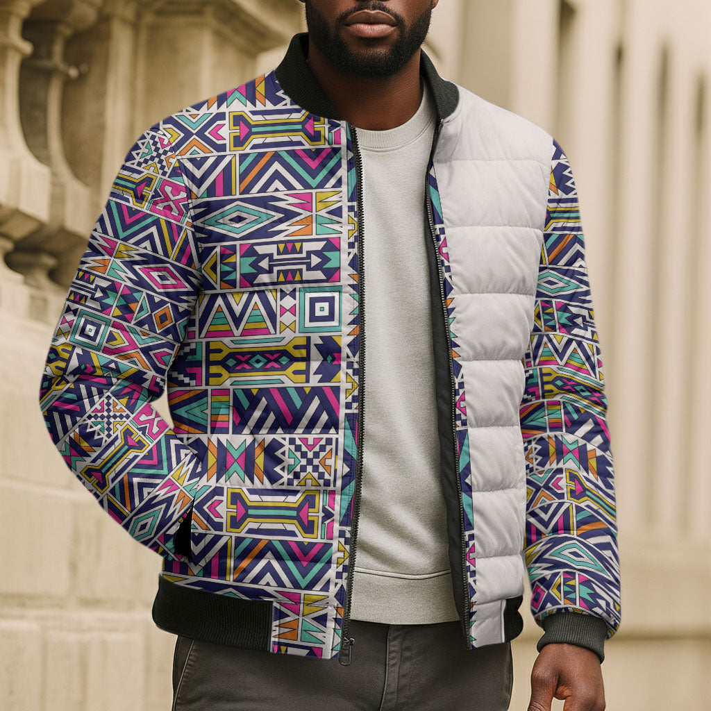 African Ndebele Art Patterns Bomber Puffer Jacket Beige Half Style