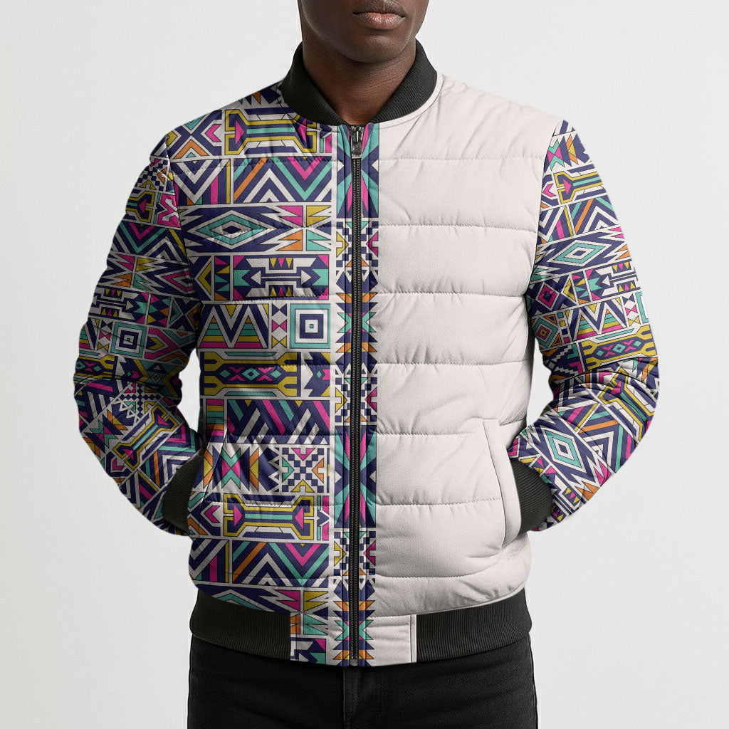 African Ndebele Art Patterns Bomber Puffer Jacket Beige Half Style