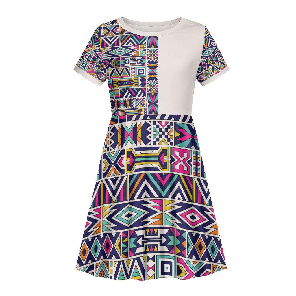 African Ndebele Art Patterns Kid Short Sleeve Dress Beige Half Style