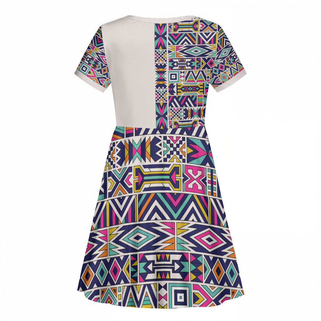 African Ndebele Art Patterns Kid Short Sleeve Dress Beige Half Style