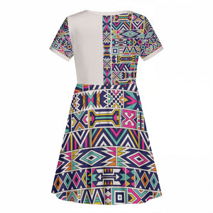 African Ndebele Art Patterns Kid Short Sleeve Dress Beige Half Style