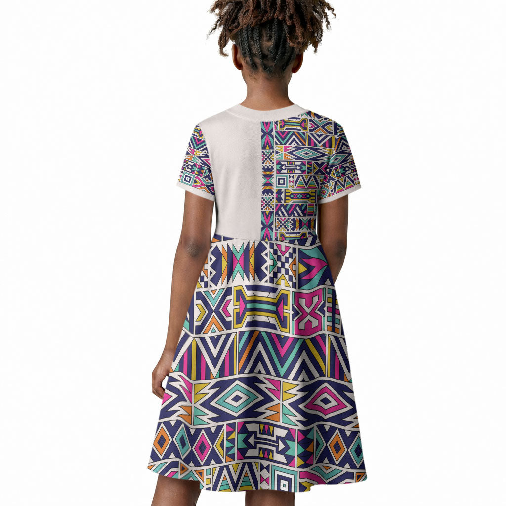African Ndebele Art Patterns Kid Short Sleeve Dress Beige Half Style