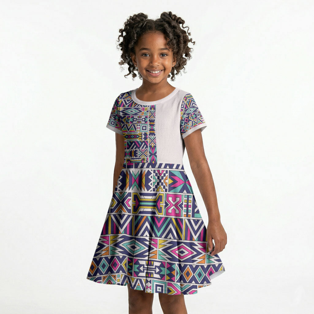 African Ndebele Art Patterns Kid Short Sleeve Dress Beige Half Style