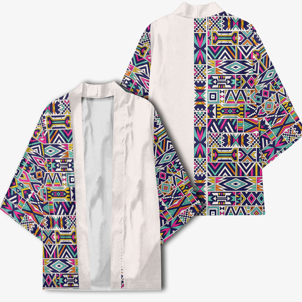 African Ndebele Art Patterns Kimono Beige Half Style