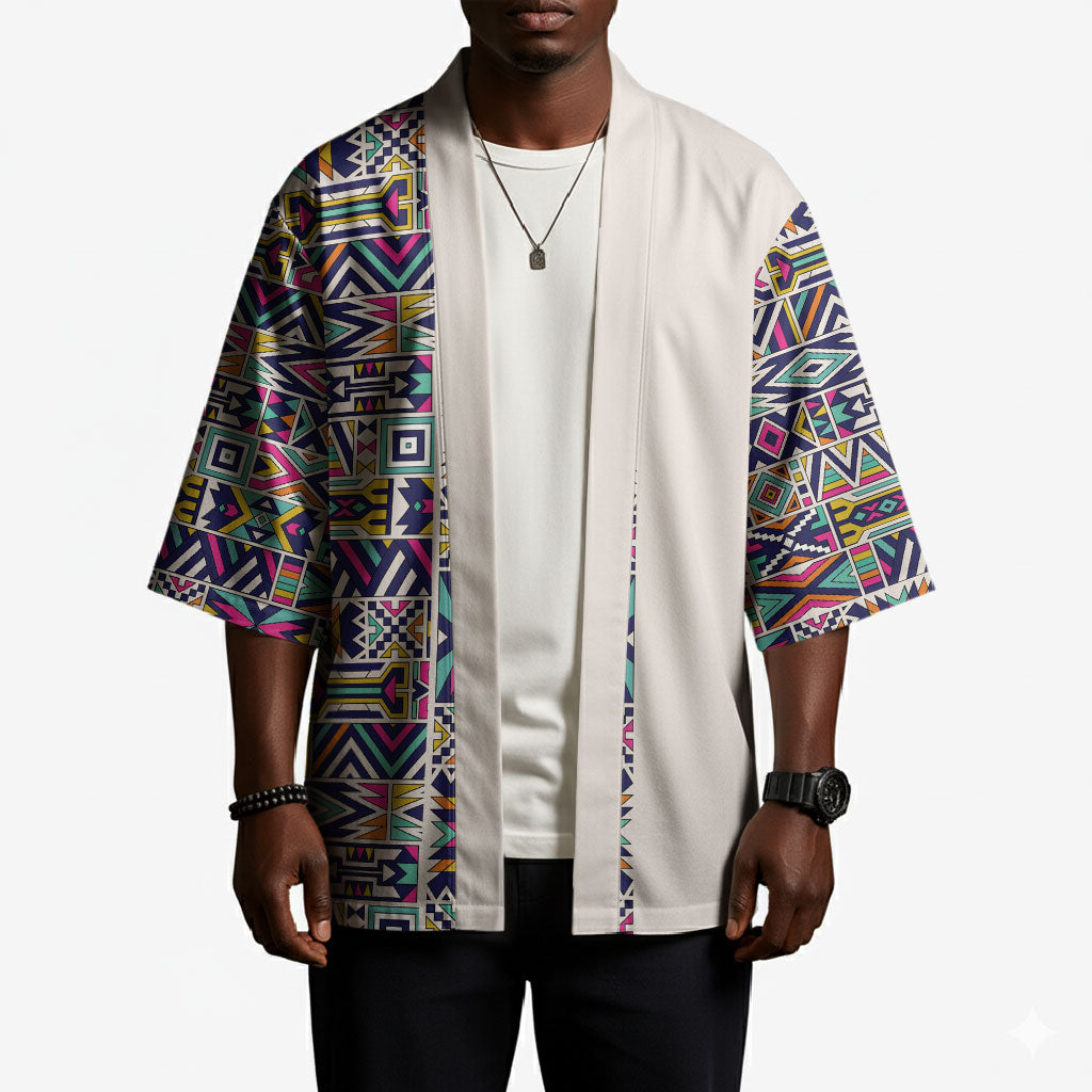 African Ndebele Art Patterns Kimono Beige Half Style
