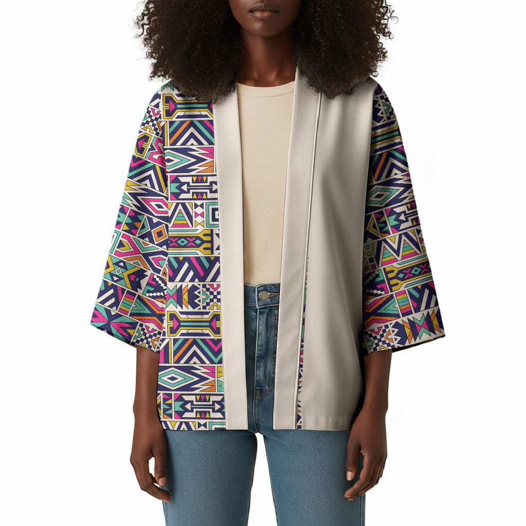African Ndebele Art Patterns Kimono Beige Half Style